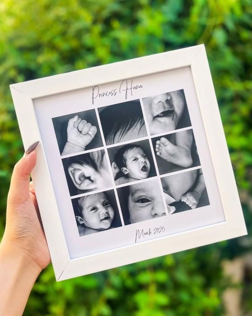 White milestone collage frame with nine black and white baby photos